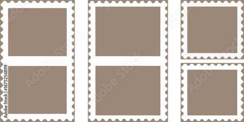 Collection of six blank postage stamp frames with perforated edges on a neutral background