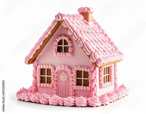 A charming gingerbread house covered in smooth pink frosting and decorative icing swirls