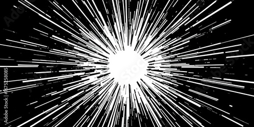 Dynamic black and white halftone burst radiating outwards from center,  vector,  radial