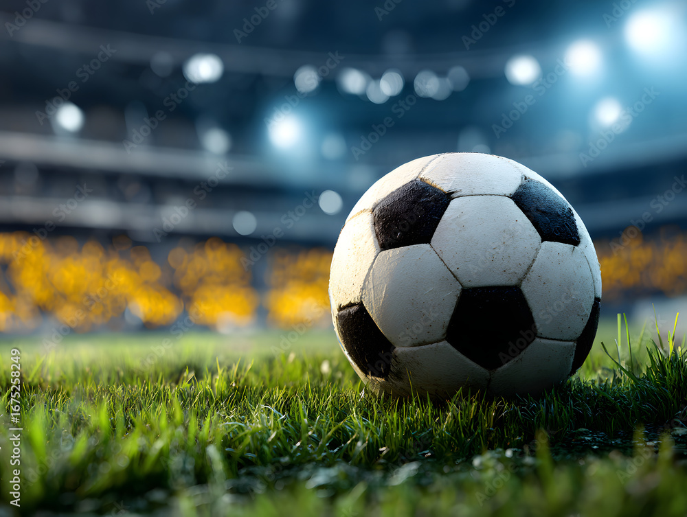 Fototapeta premium Soccer ball on a stadium field with blurred background
