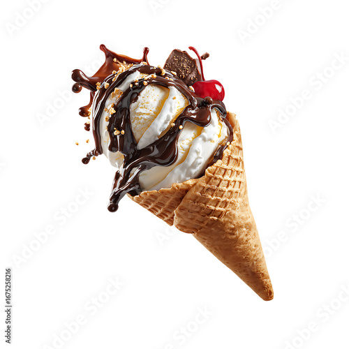 melting vanilla ice cream cone with waffle isolated on a transparent background, in a PNG format