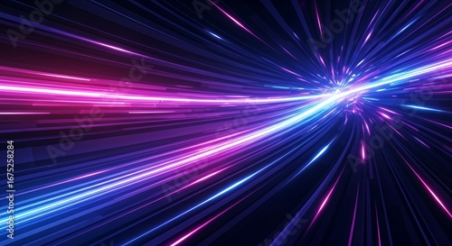 Futuristic abstract background with glowing neon light streaks in blue, purple, and pink. Dynamic forward motion effect, vibrant contrast, smooth gradient, and immersive depth.