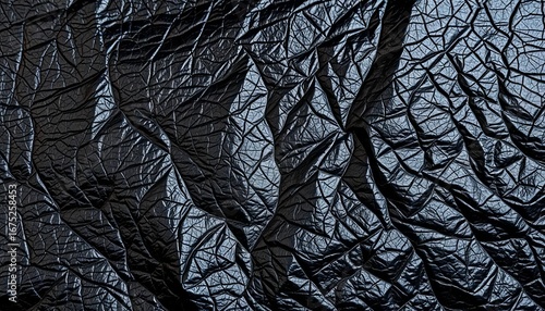 Deep, crinkled black leather surface, showing subtle light reflection,  rich,  wrinkled