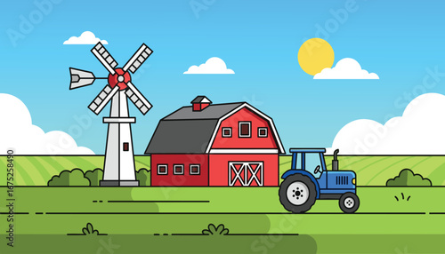 Vibrant farm scene with a windmill, barn, and tractor set against a bright blue sky.