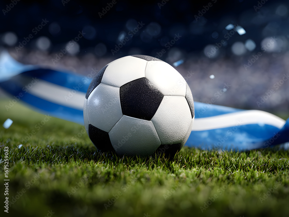 Fototapeta premium Soccer ball on grass with blue and white ribbon