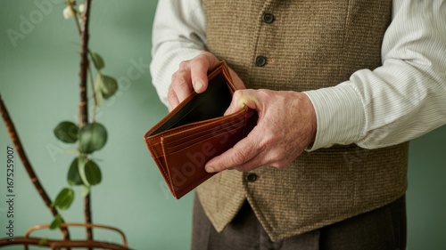 Senior man showing empty wallet in financial crisis, symbolizing budget problems or retirement savings woes