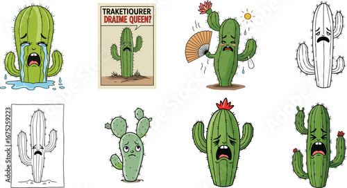 Cute cartoon cacti crying, sweating, sad, emotional expressions, desert plants, funny cactus characters, heat stress, sadness, dry environment, desert humor.