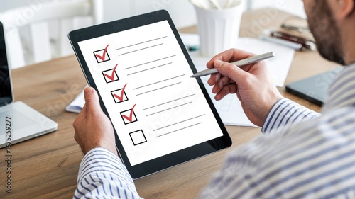 Completing checklist on a tablet with pen shows task management success in modern workspace