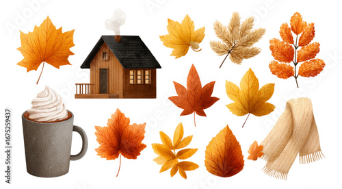 Autumn Elements with Cozy Cabin and Warm Drink