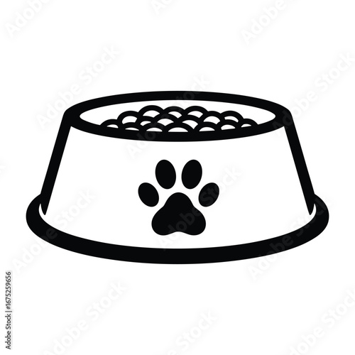 Black icon of a dog bowl filled with kibble and a paw print on white background pet food dry food
