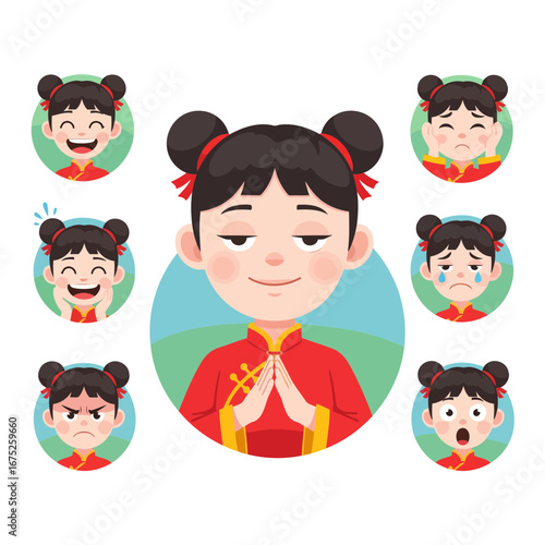 A professional vector illustration of a Chinese toddler girl. A modular set of emoticons showing a range of emotions content, happy, sad, angry, and surprised in a flat design style.