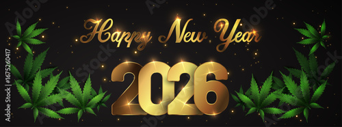 Happy New Year 2026 - New Year Shining background with marijuana leaf. Vector illustration.