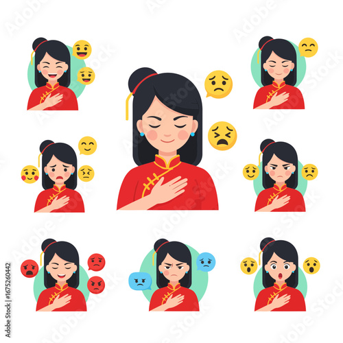 Bring emotions to life! Flat design vector of a content Chinese girl with modular emoticons—content, happy, sad, angry, surprised—for web, apps, and presentations.