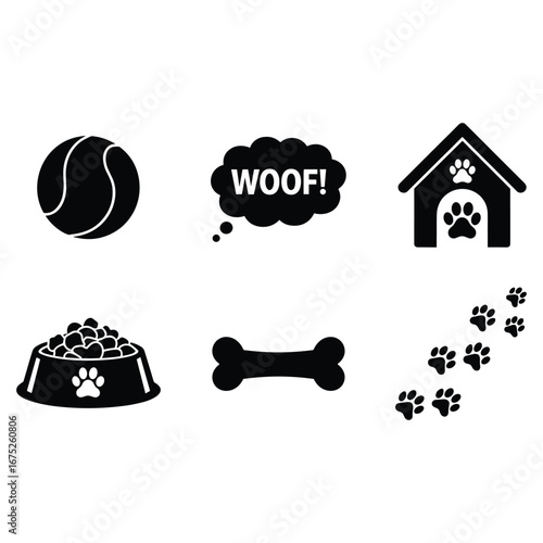 Collection of black dog-related icons including ball, woof bubble, house, bowl, bone, paw prints canine