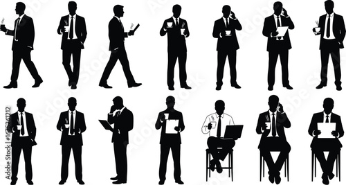 Businessman silhouette drinking coffee, holding documents, talking on phone, working with laptop, professional office lifestyle, business communication, multitasking, corporate environment.