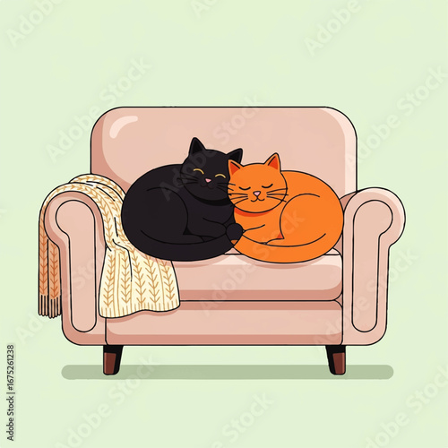 A black cat and an orange cat cuddling together on a cozy pink armchair