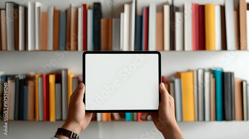 Hands holding a blank tablet screen with bookshelves in the background 