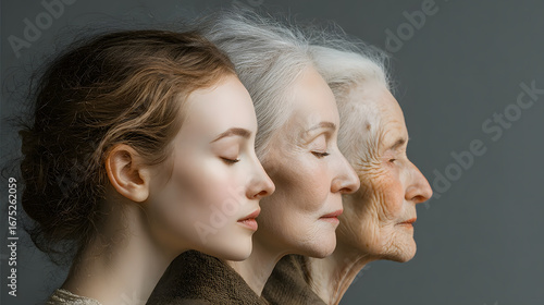 The life stages of a woman from youth to old age shown in profile view