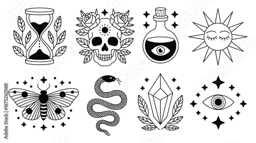 Boho Mystical Design Elements Set – Witchcraft and Esoteric Vector Symbols – Monochrome Alchemy Illustrations – Occult-Inspired Graphics for Magic Prints, Tattoos, or Spiritual Projects
