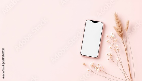 Blank mobile device with soft pink case and floral accents, showcasing simplicity and contemporary aesthetic