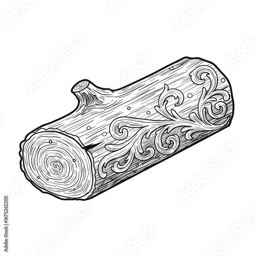 Decorative wooden log with intricate floral carving design  
