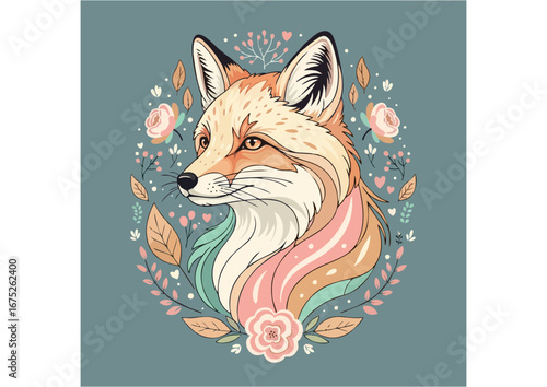 Elegant fox illustration with floral elements on a blue background