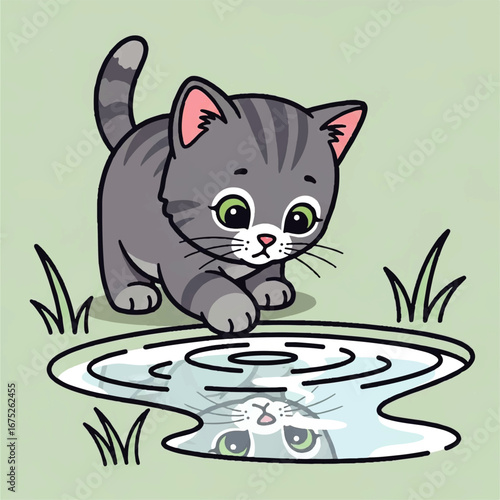 Curious gray kitten dipping its paw into a water puddle and making ripples