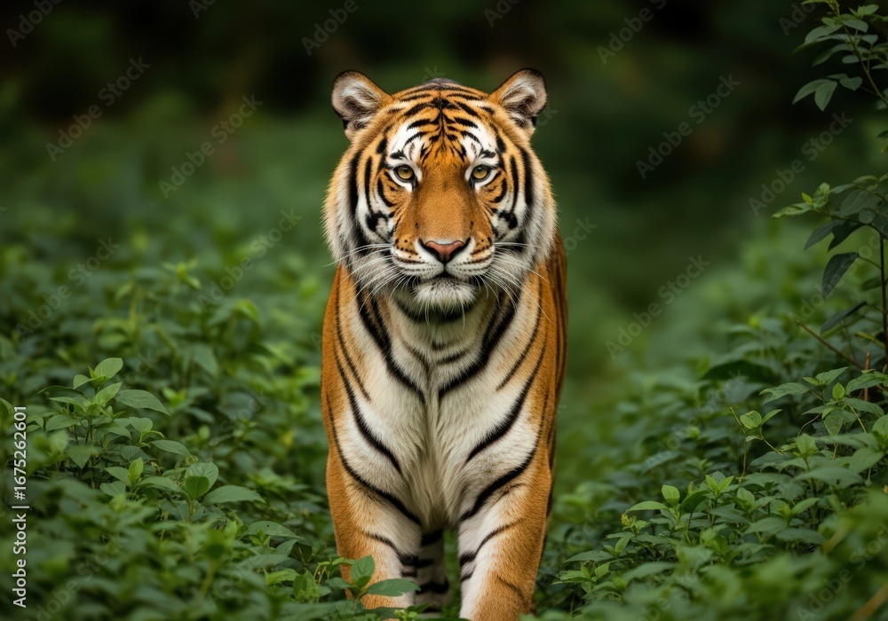 Fototapeta premium A majestic tiger walking through lush green foliage looking directly at the camera with intensity