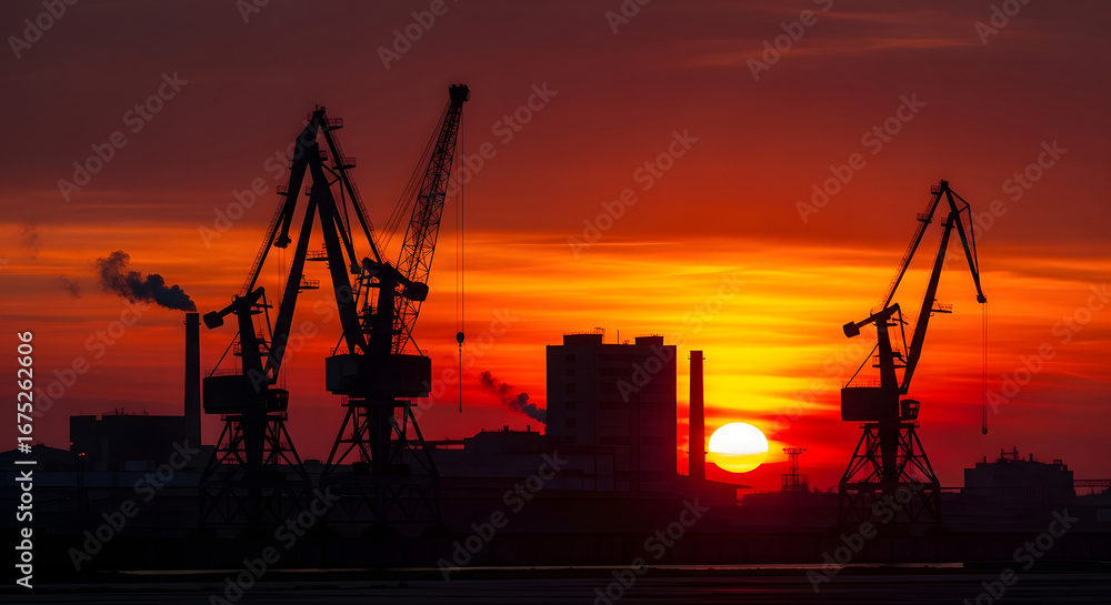 Fototapeta premium Silhouettes of towering cranes against a fiery sunset painting an industrial skyline, creating a dramatic backdrop of man-made structures and