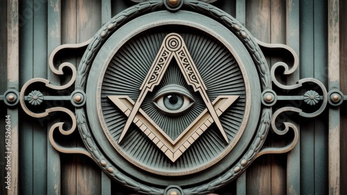 Mysterious masonic symbol with all seeing eye radiating light, perfect for esoteric or architectural designs