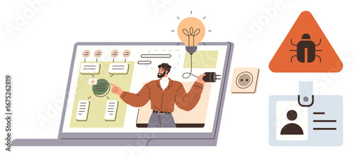 Man teaching online with flowcharts on a laptop screen, lightbulb, malware warning, and ID badge. Ideal for cybersecurity, education, technology, coaching, innovation teamwork and online safety