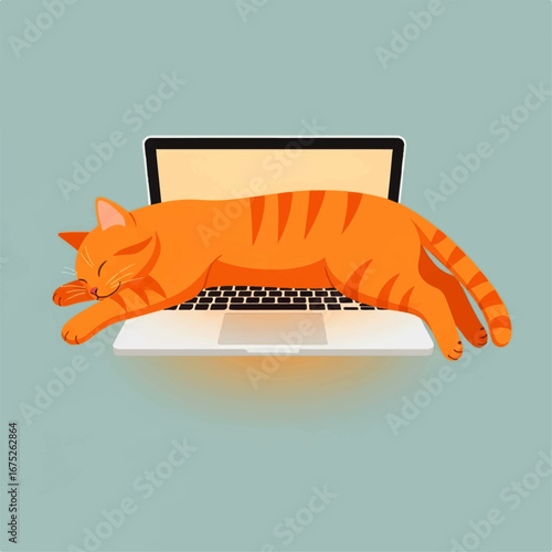 Cute orange cat taking a nap while draped over a modern laptop