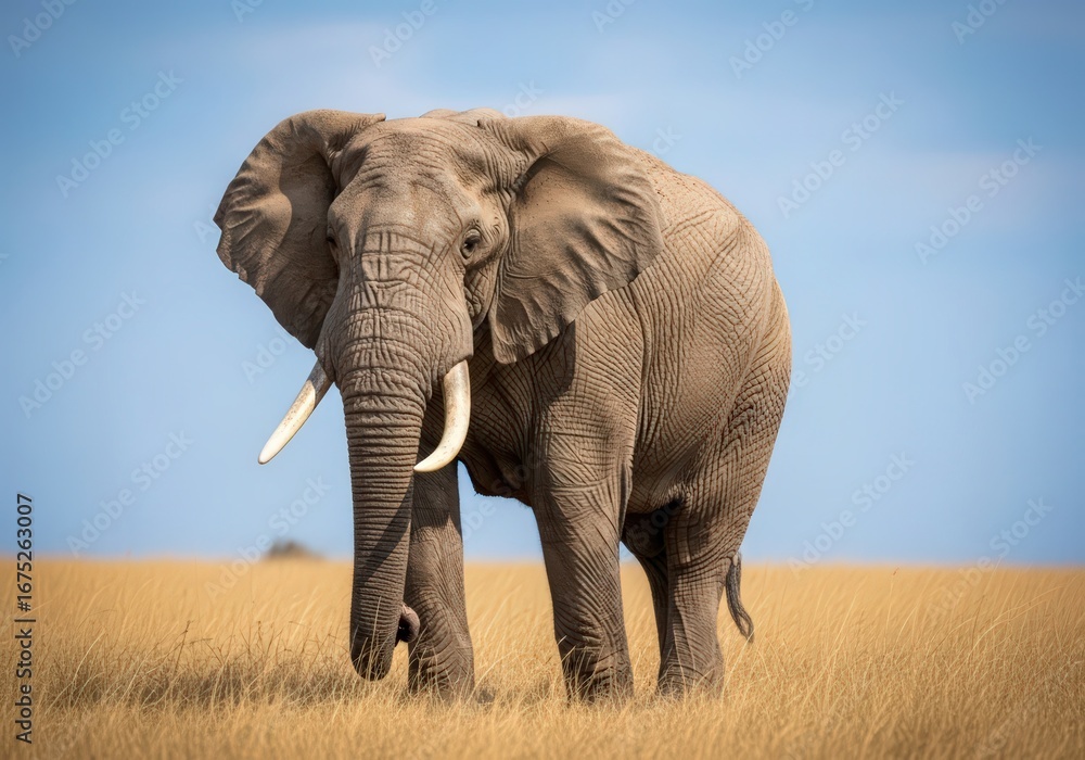 Fototapeta premium A large african elephant standing in a field of tall grass under a bright blue sky in the daytime