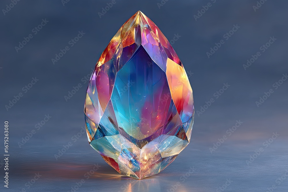 Fototapeta premium Pear-shaped gemstone, iridescent facets, vibrant colors