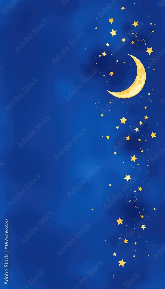 Fototapeta premium Crescent Moon and Cascading Stars on Deep Blue Background, Celestial Night Sky with Glittering Sparkles and Dreamy Texture