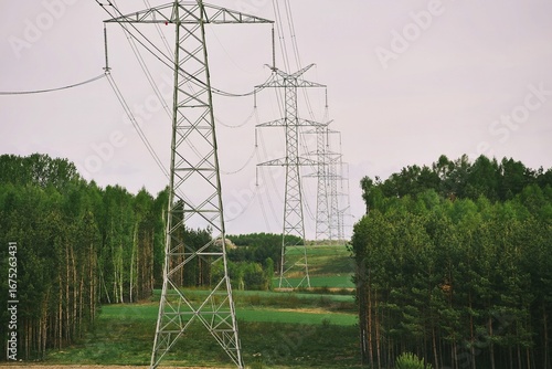 Electric towers in green agricultural landscape