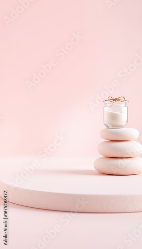 Elegant minimalist presentation Small jar with bow atop smooth stones, resting on a round platform against a soft blush background