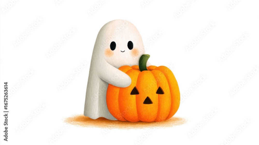 Whimsical Watercolor Illustration of a Ghost Embracing a Carved Pumpkin Whimsical Watercolor Illustration of a Ghost Embracing a Carved Pumpkin