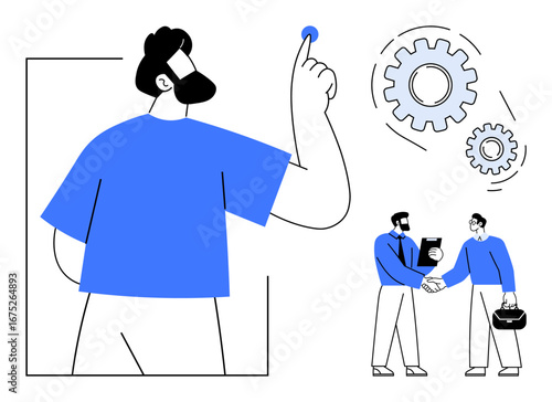 Man activating creative process with button alongside two professionals discussing ideas and shaking hands. Ideal for partnership, teamwork, technology, business strategy, progress, innovation