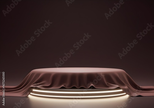 Mysterious mauve silk draped over illuminated two-tiered pedestal;  elegant, suspenseful product reveal backdrop.