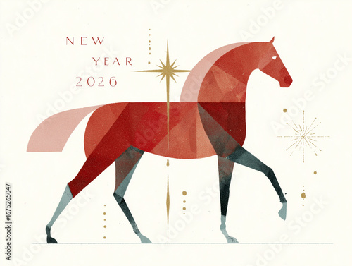 Geometric illustration of a horse in warm orange tones with the greeting 