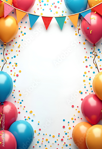 Festive background with copyspace - balloons, confetti, flags and garlands
