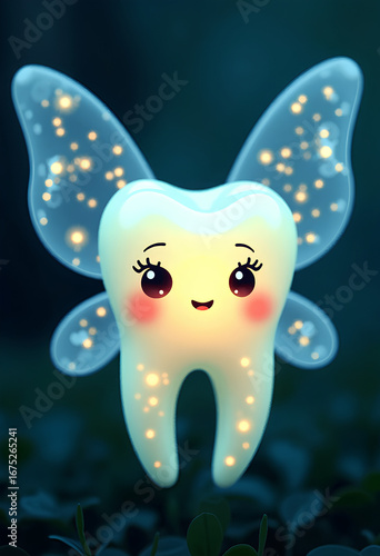 Luminous tooth fairy with a cute face, transparent flickering wings, and glowing magical sparks
