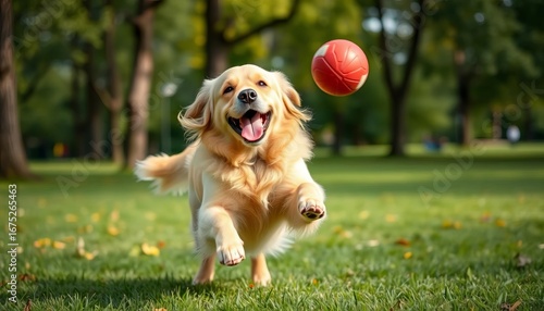 Fototapeta Naklejka Na Ścianę i Meble -  Golden retriever joyfully leaps for red ball in park, dog park, summer