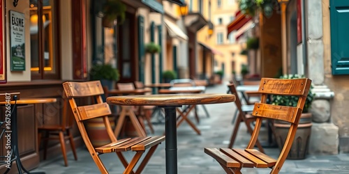 Fototapeta Naklejka Na Ścianę i Meble -  Empty wooden bistro table and chair outside a cafe, cozy European town,   morning,   charming