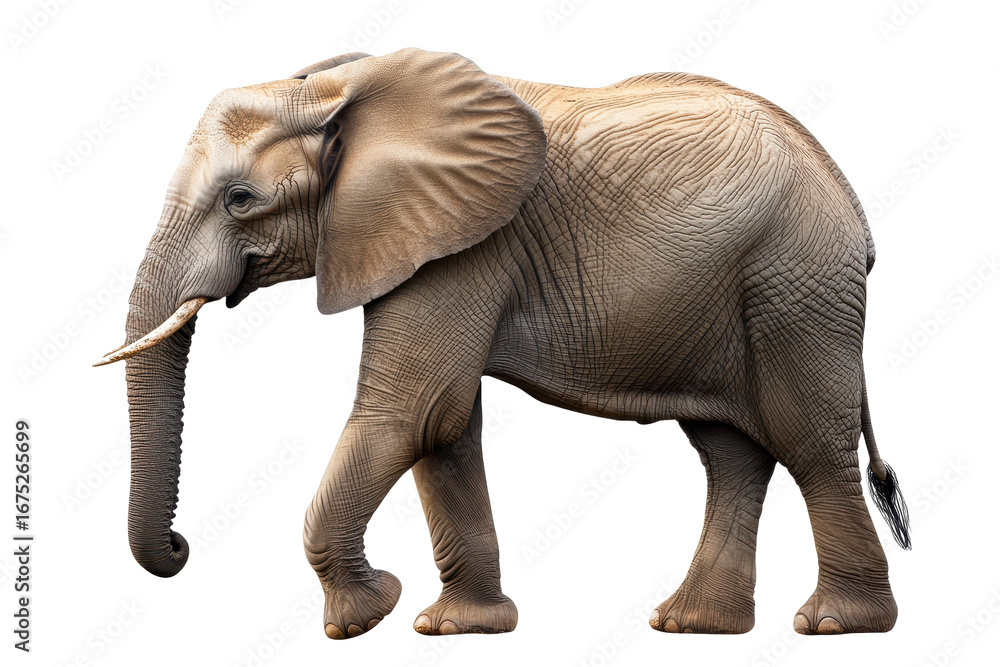 Fototapeta premium Large adult elephant walking gracefully on a transparent background while showcasing its majestic features and impressive trunk in a natural pose