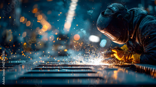 Welder in action sparks flying during the welding process in a workshop setting