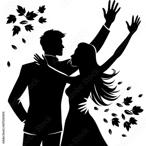 Romantic silhouette couple dancing with falling autumn leaves in joyful celebration of love and passion