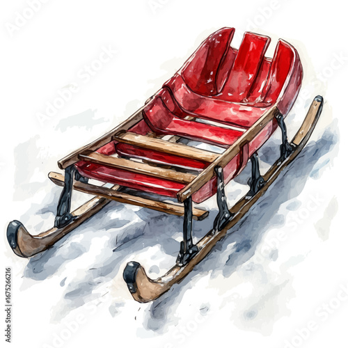 Sled On Snowy Hill, watercolor vector, isolated on a white background.