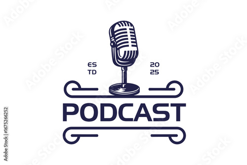 Vintage Podcast Logo Design with Retro Microphone Symbol for Broadcasting, Audio Show, and Digital Media Branding